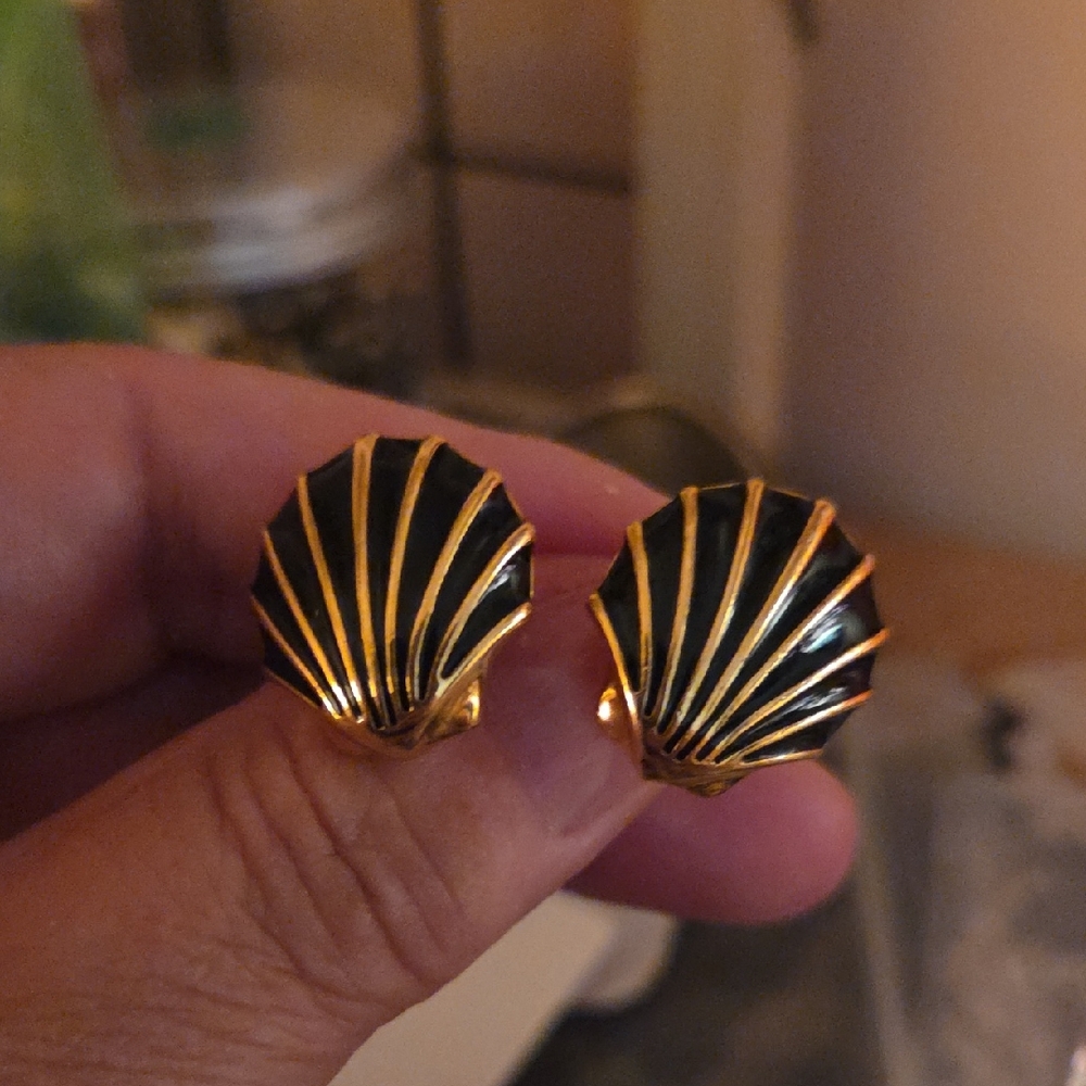 Monet Gold and Black Shell Clip On Earrings